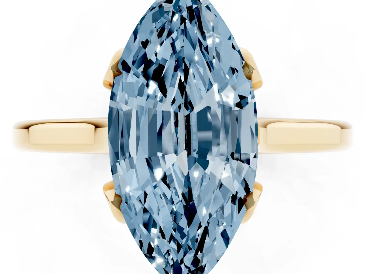 Fancy Blue Marquise Cut Diamond Solitaire Ring with Flower Prong Setting and Classic Band Yellow gold