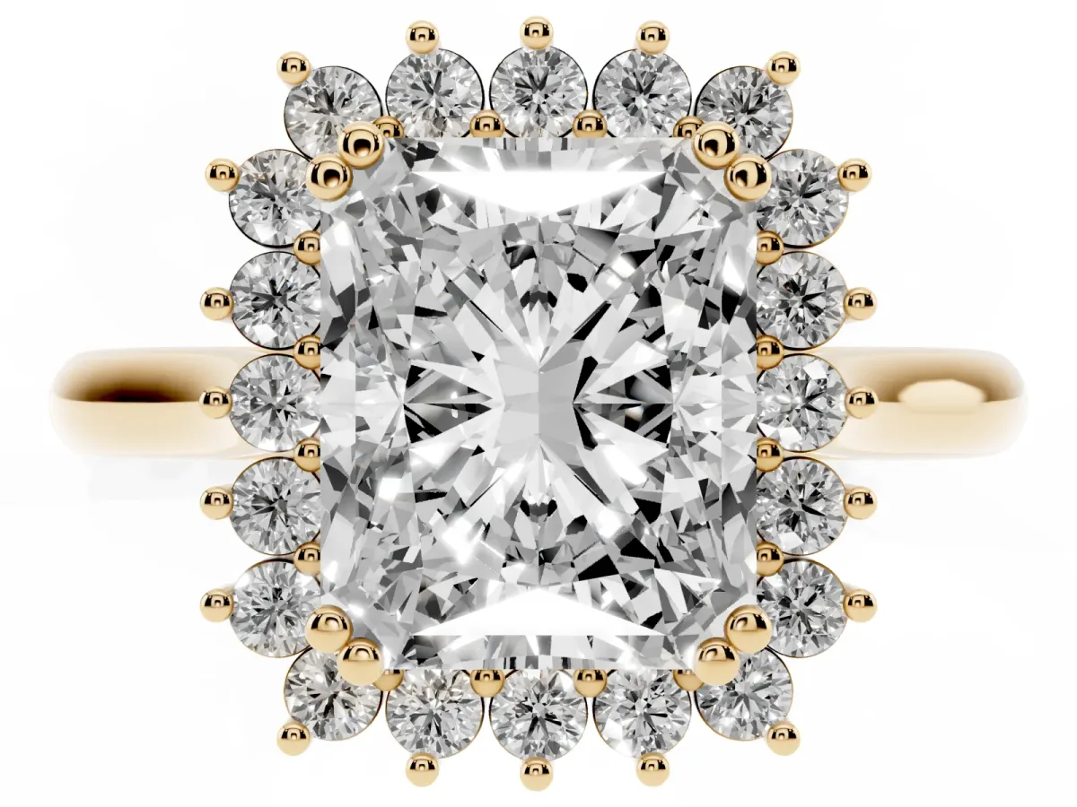 Radiant Cut Cut Diamond Halo Ring with Solitaire Band and Prong Setting Yellow gold