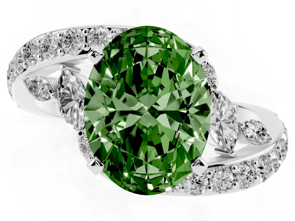 Fancy Green Oval Cut Solitaire with Pavé Twist Band and Four-Prong Setting Silver