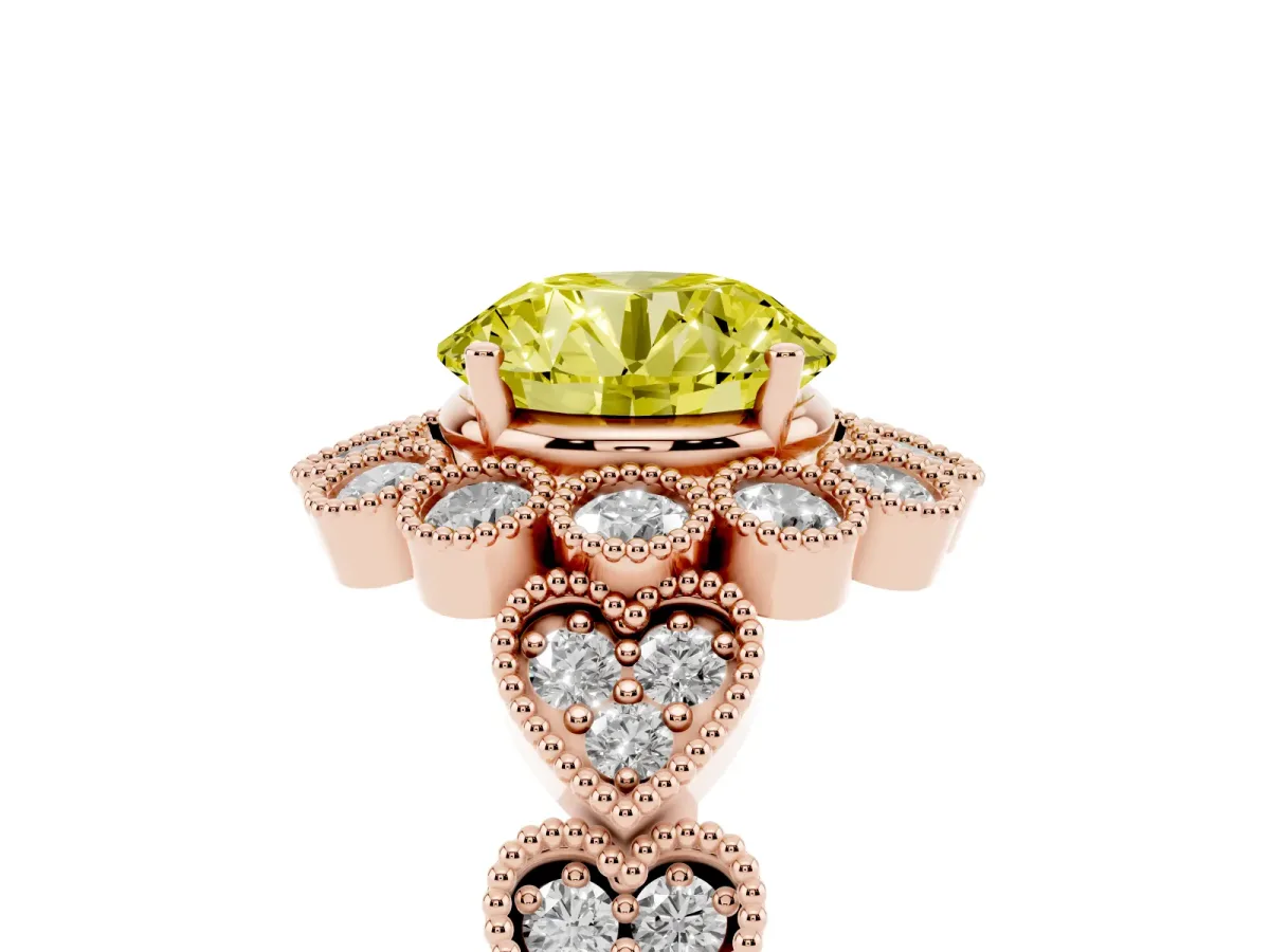 Fancy Yellow Round Cut Brilliant Milgrain Pave Heart Band Solitaire Ring Rose gold