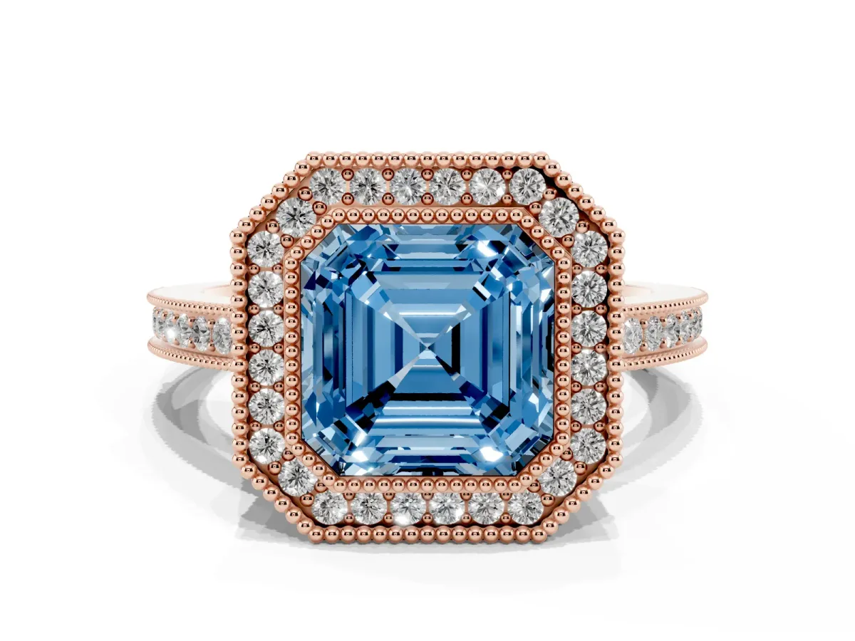 Fancy Blue Asscher Cut Cut Halo Diamond Ring with Pavé Band and Milgrain Prong Setting Rose gold