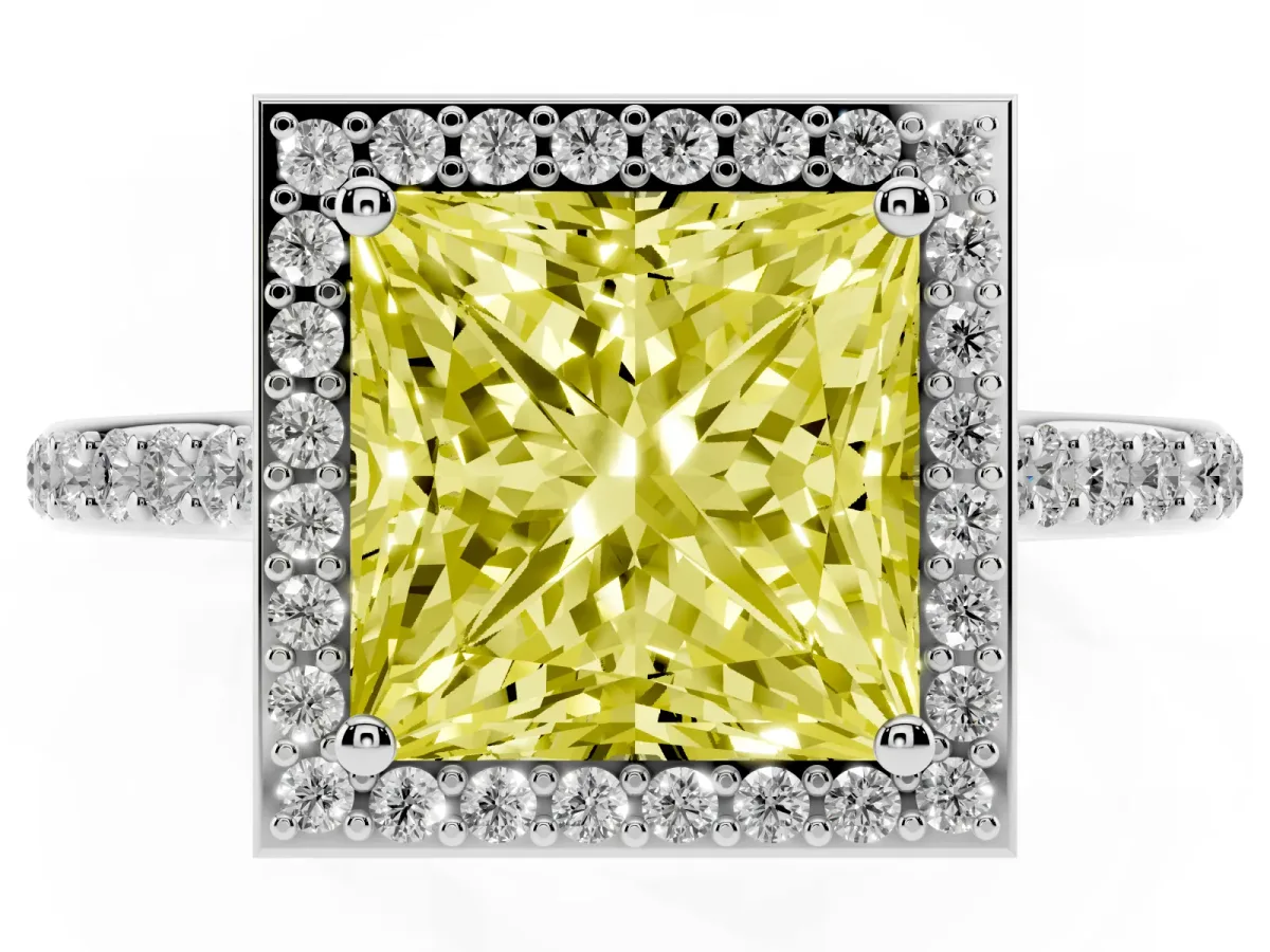 Fancy Yellow Princess Cut Diamond Halo Engagement Ring with Round Pavé Shoulders and Prong Setting Platinum