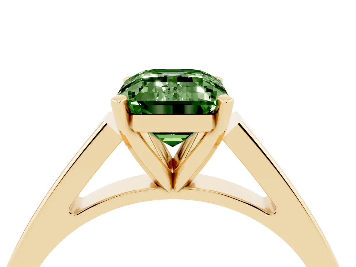 Fancy Green Emerald Cut Solitaire Engagement Ring with Four-Prong Setting and Tapered Band Yellow gold
