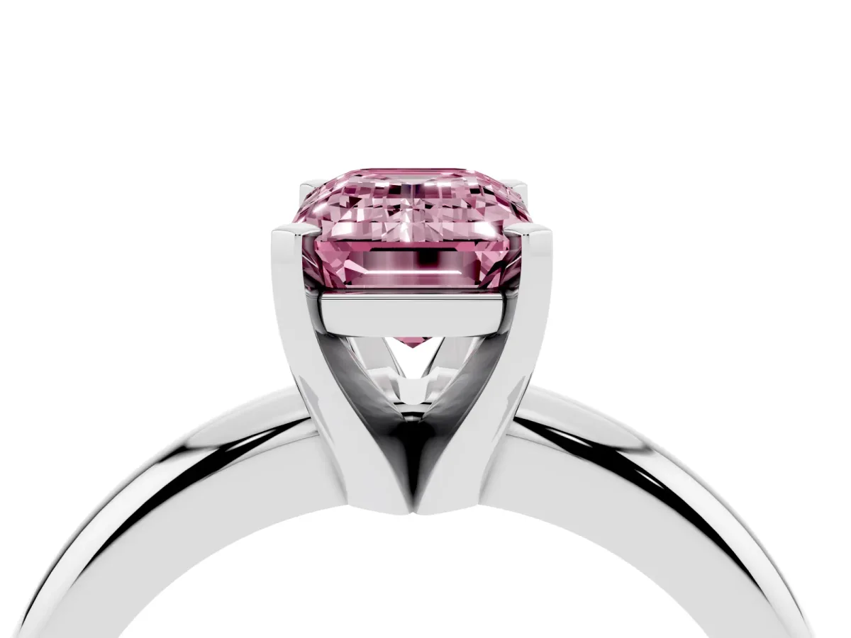 Fancy Pink Emerald Cut Diamond Solitaire Engagement Ring with Round Band and Four-Prong Setting Silver