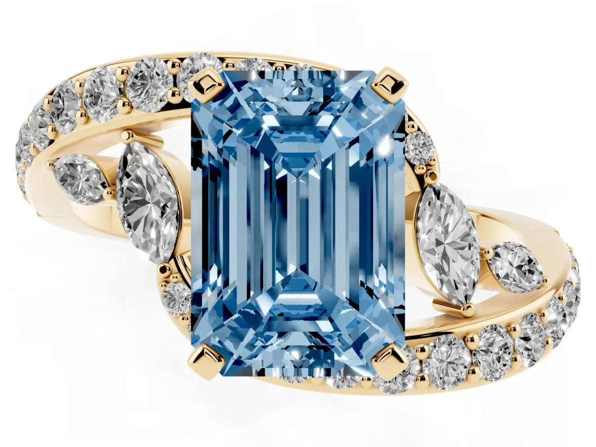 Fancy Blue Emerald Cut Solitaire with Pavé Twist Band and Four-Prong Setting Yellow gold