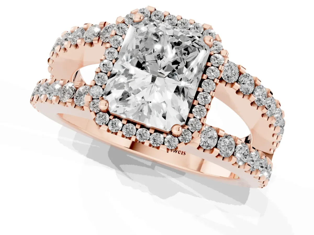 Radiant Cut Cut Halo Split Shank Diamond Ring with Four-Prong Setting Rose gold