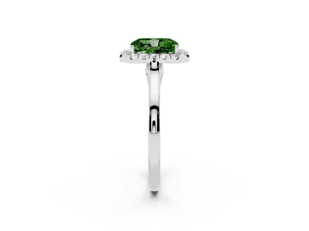 Fancy Green Radiant Cut Halo Round Diamond Solitaire Ring with Pavé Band and Four-Prong Setting Silver