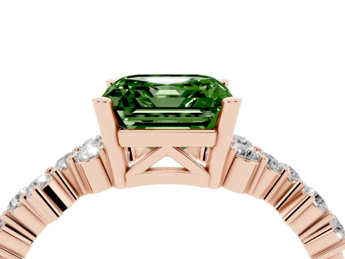 Fancy Green Asscher Cut Diamond Scattered Round Accent Ring with Prong Setting Rose gold