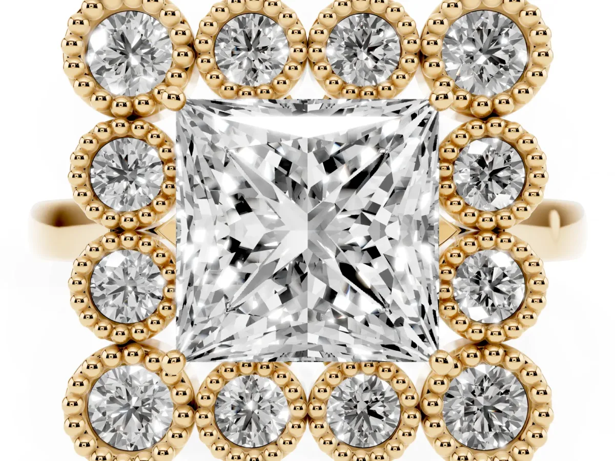 Princess Cut Halo Diamond Cluster Engagement Ring with Milgrain Bezel Setting and Solitaire Band Yellow gold