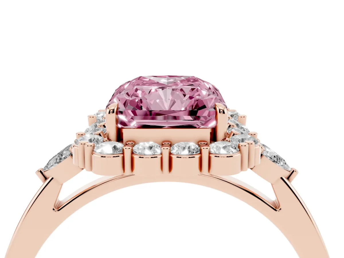 Fancy Pink Radiant Cut Diamond Halo Ring with Pear Side Stones and Prong Setting Rose gold
