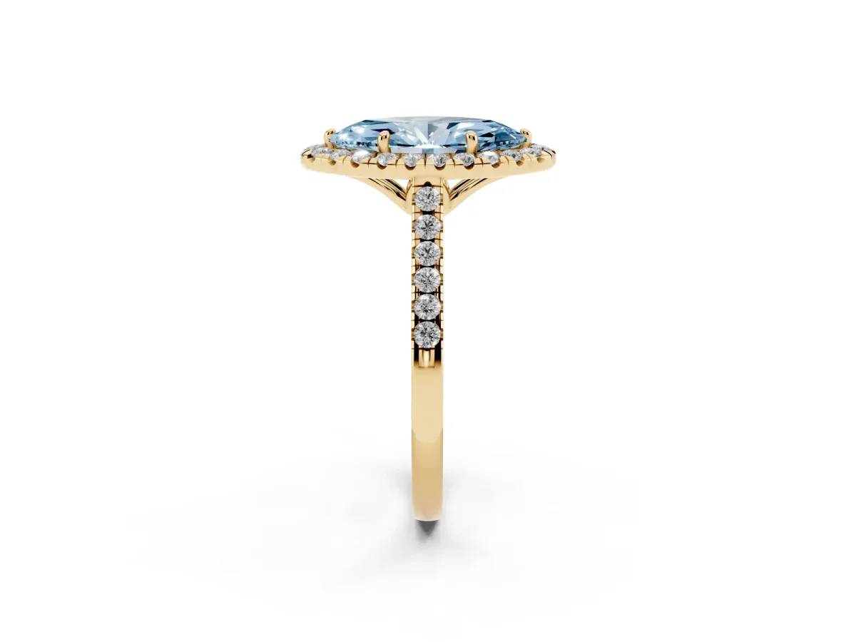 Fancy Blue Marquise Cut Halo Pavé Diamond Engagement Ring with Four-Prong Setting Yellow gold
