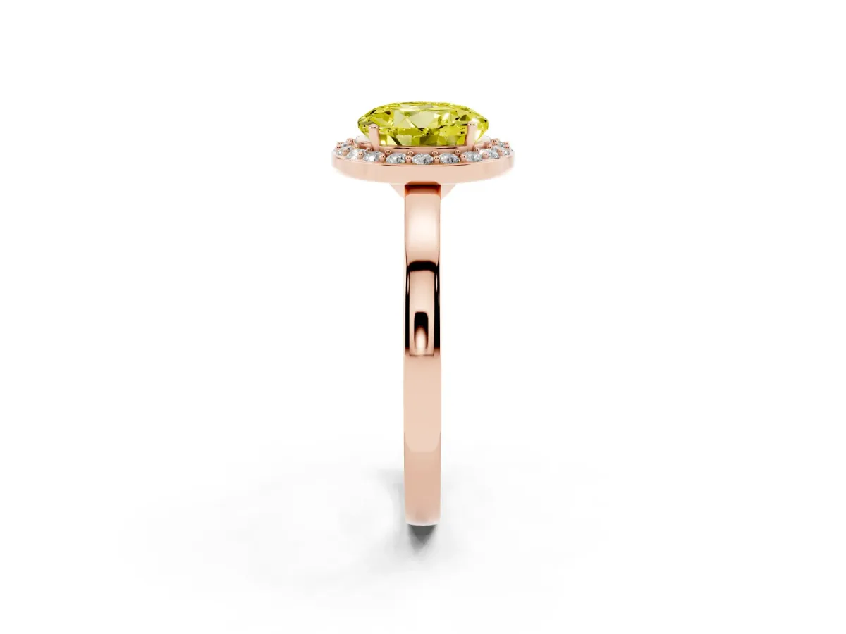 Fancy Yellow Round Cut Halo Diamond Ring with Solitaire Band and Prong Setting Rose gold