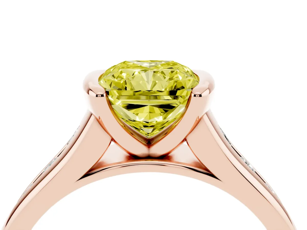 Fancy Yellow Radiant Cut Solitaire Bezel-Set Diamond Ring with Channel-Set Band Rose gold