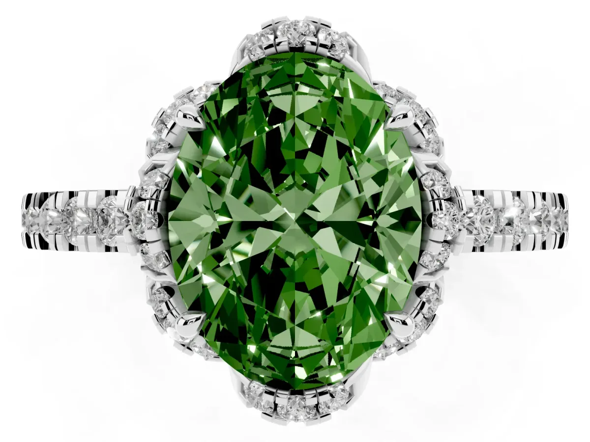 Fancy Green Oval Cut Halo Diamond Pave Band Ring with Four-Prong Setting Silver
