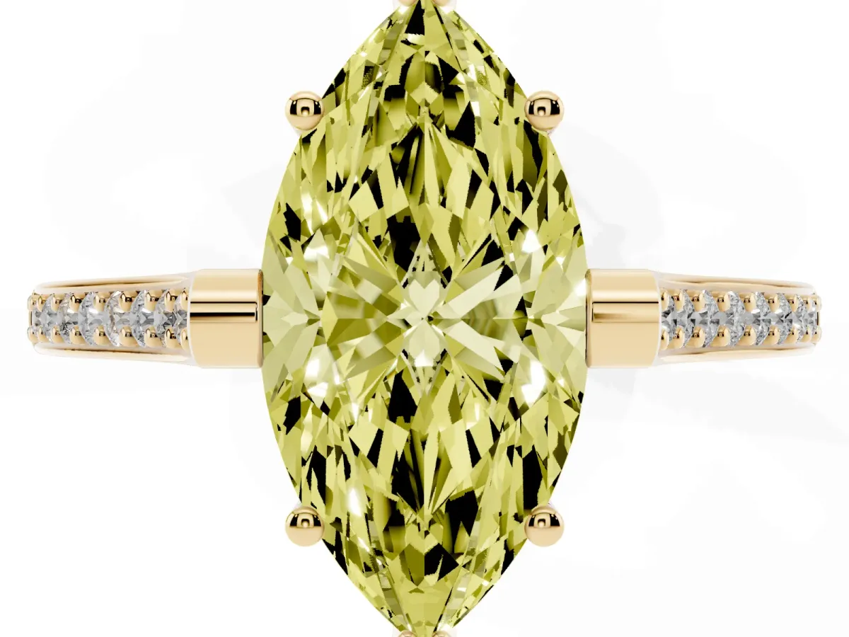 Fancy Yellow Marquise Cut Solitaire Diamond Ring with Channel Set Band and Bezel Prong Setting Yellow gold