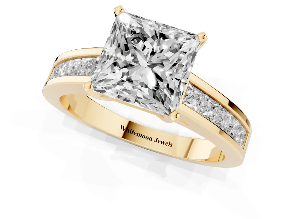 Princess Cut Solitaire Diamond Ring with Channel-Set Band and Four-Prong Setting Yellow gold