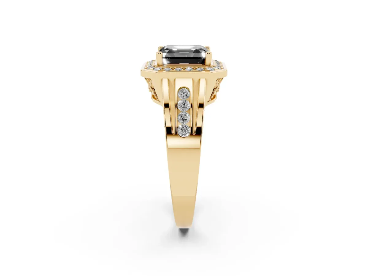 Fancy Black Asscher Cut Diamond Halo Ring with Split Shank and Bezel Accents and Prong Setting Yellow gold