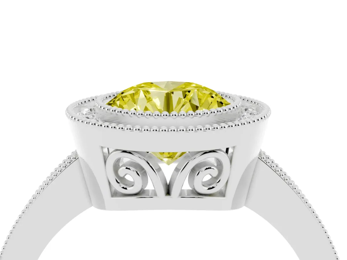 Fancy Yellow Round Cut Cut Halo Diamond Ring with Pavé Band and Milgrain Prong Setting White gold
