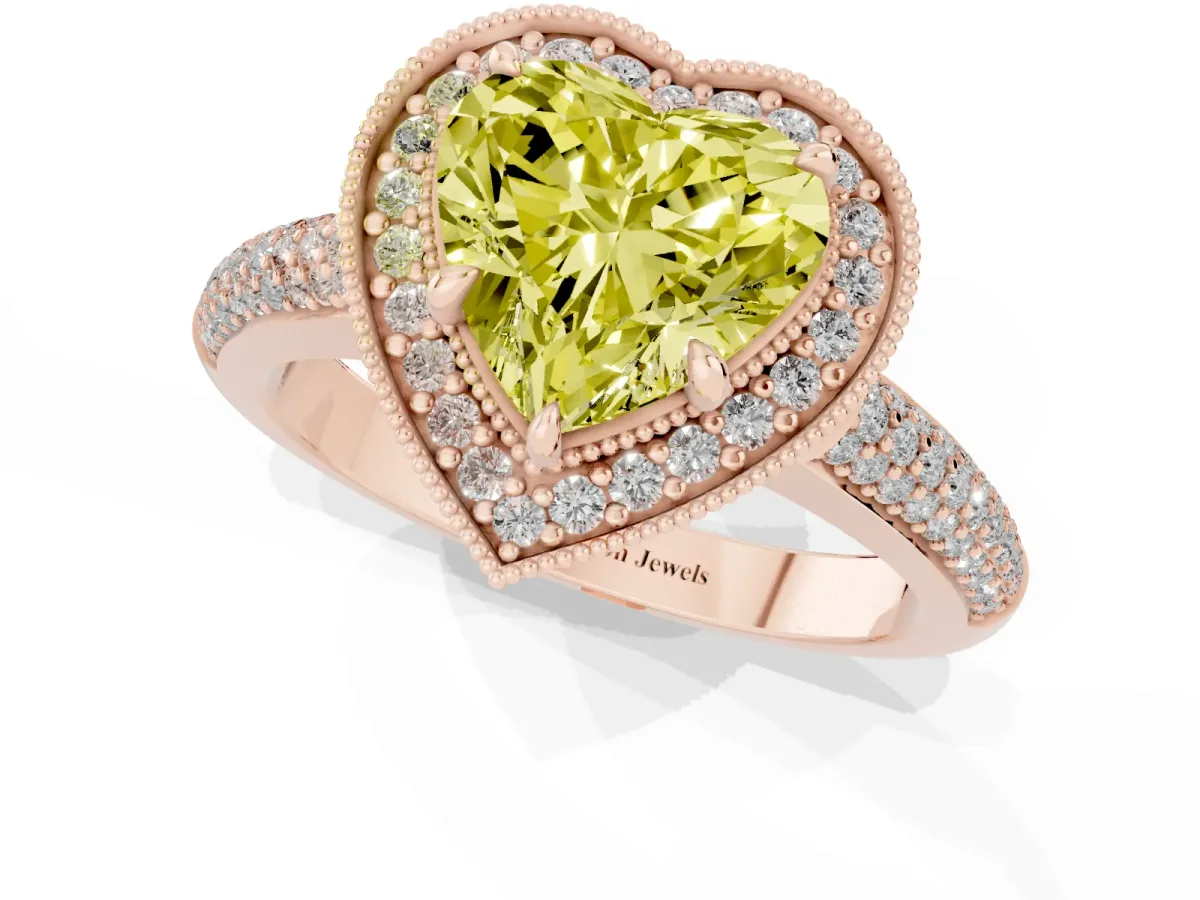 Fancy Yellow Heart Cut Cut Halo Diamond Pave Band with Four-Prong Setting Rose gold