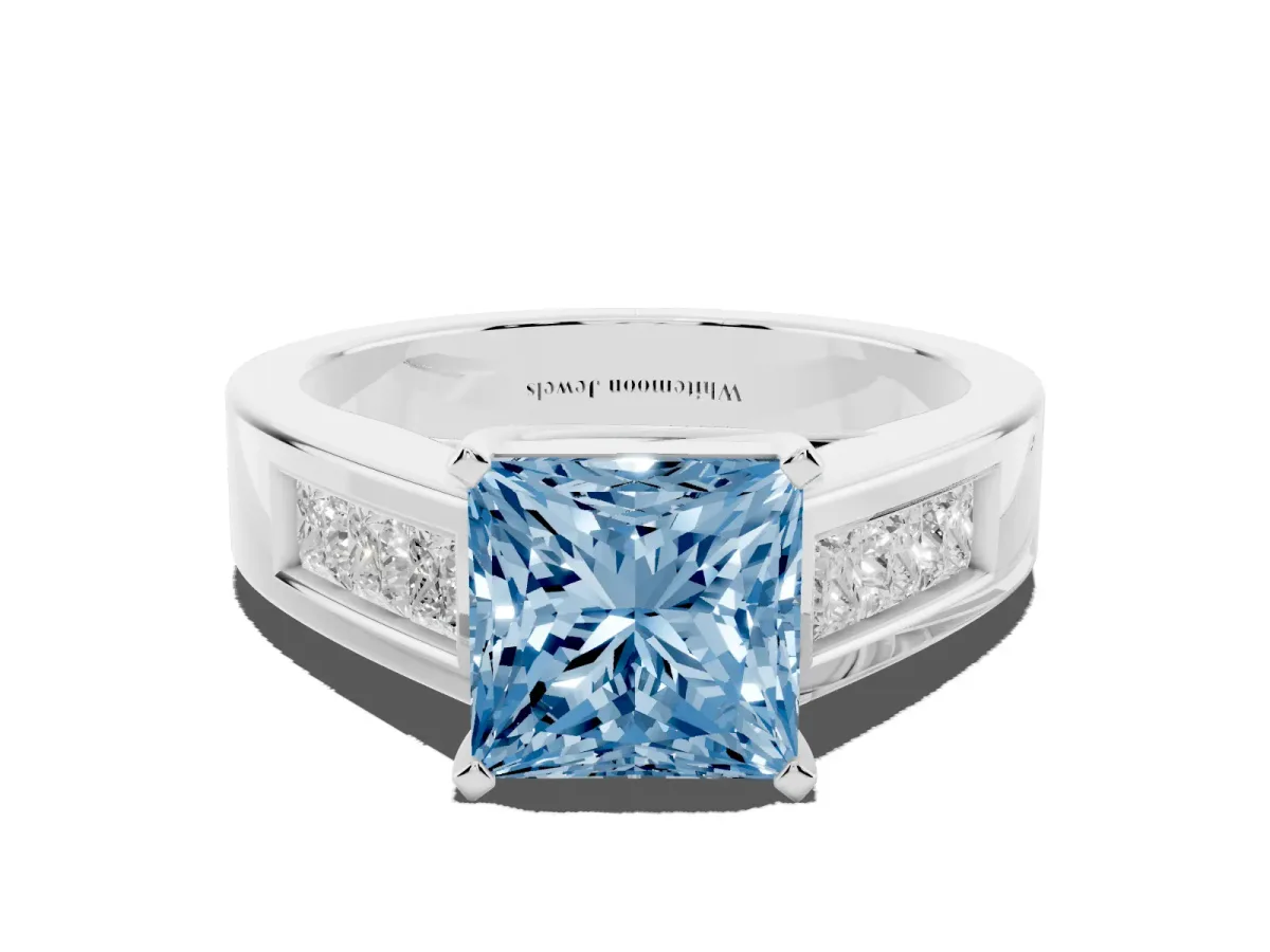 Fancy Blue Princess Cut Cut Channel Set Solitaire Ring with Four-Prong Setting Silver
