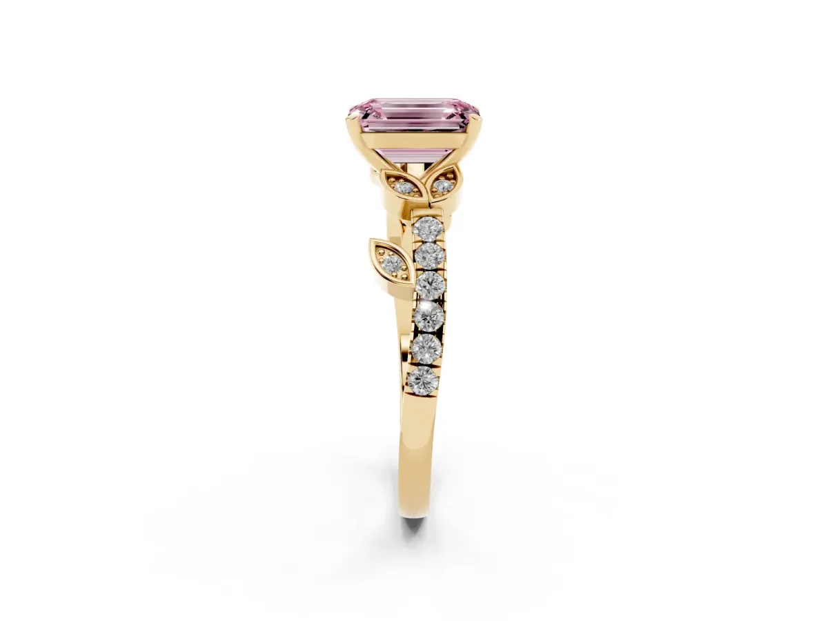 Fancy Pink Emerald Cut Solitaire Leaf-Inspired Diamond Ring with Pavé Band and Four-Prong Setting Yellow gold