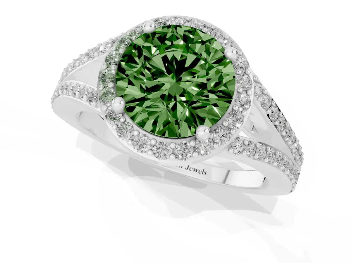 Fancy Green Round Cut Halo Split Shank Diamond Ring with Prong Setting Silver