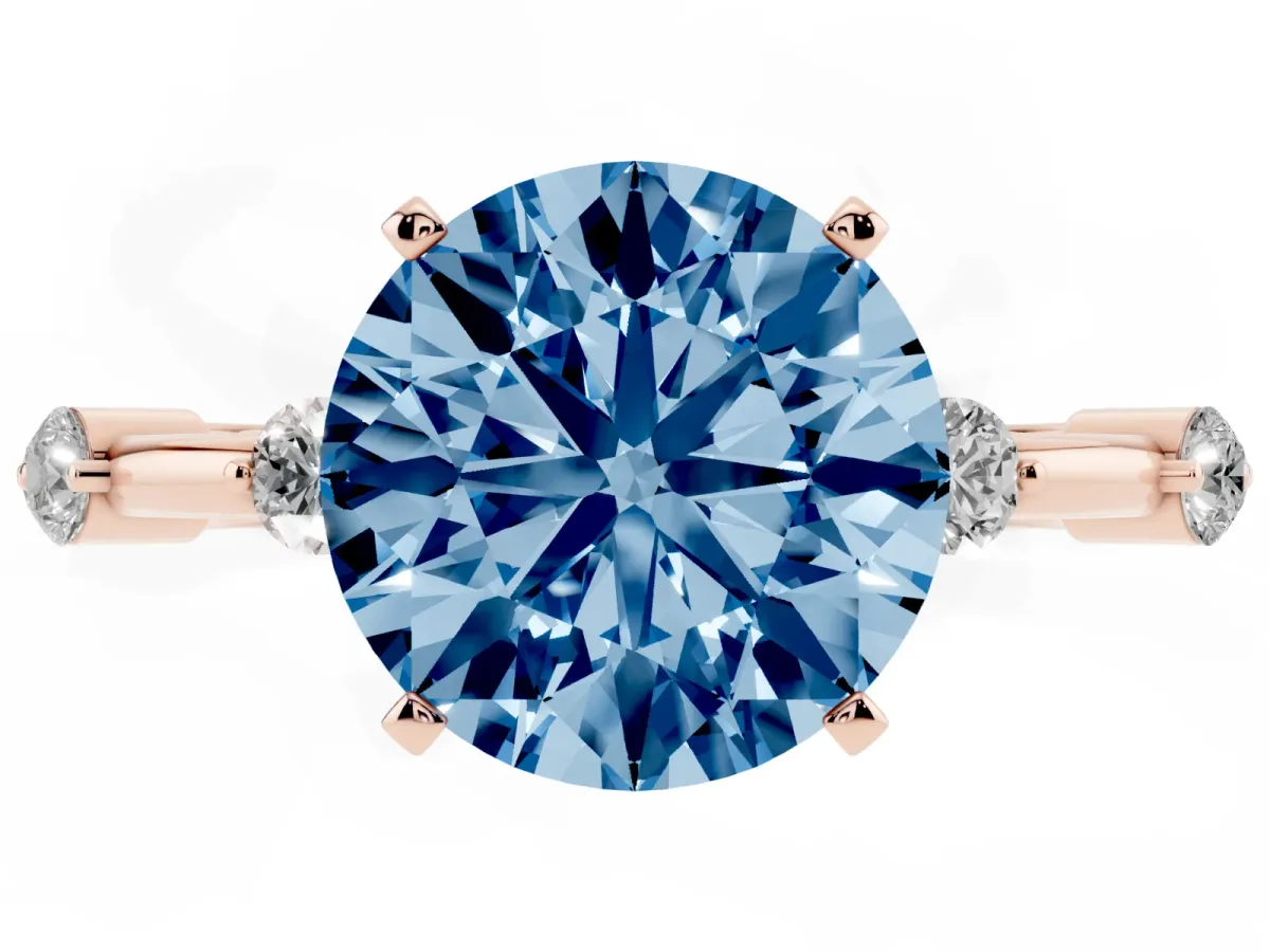 Fancy Blue Round Cut Solitaire Diamond Ring with Bezel Set Side Stones and Prong Setting Rose gold