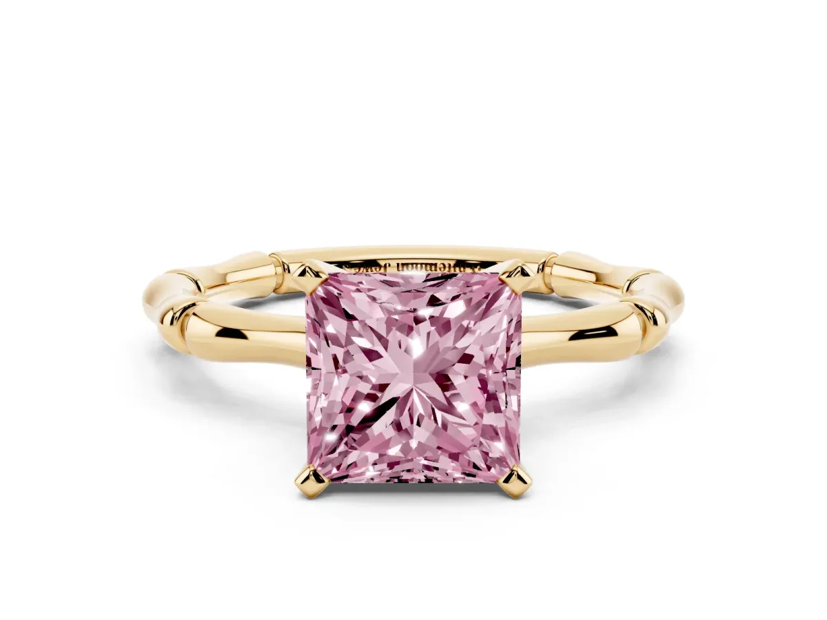 Fancy Pink Princess Cut Solitaire Diamond Ring with Bamboo Band and Four-Prong Setting Yellow gold
