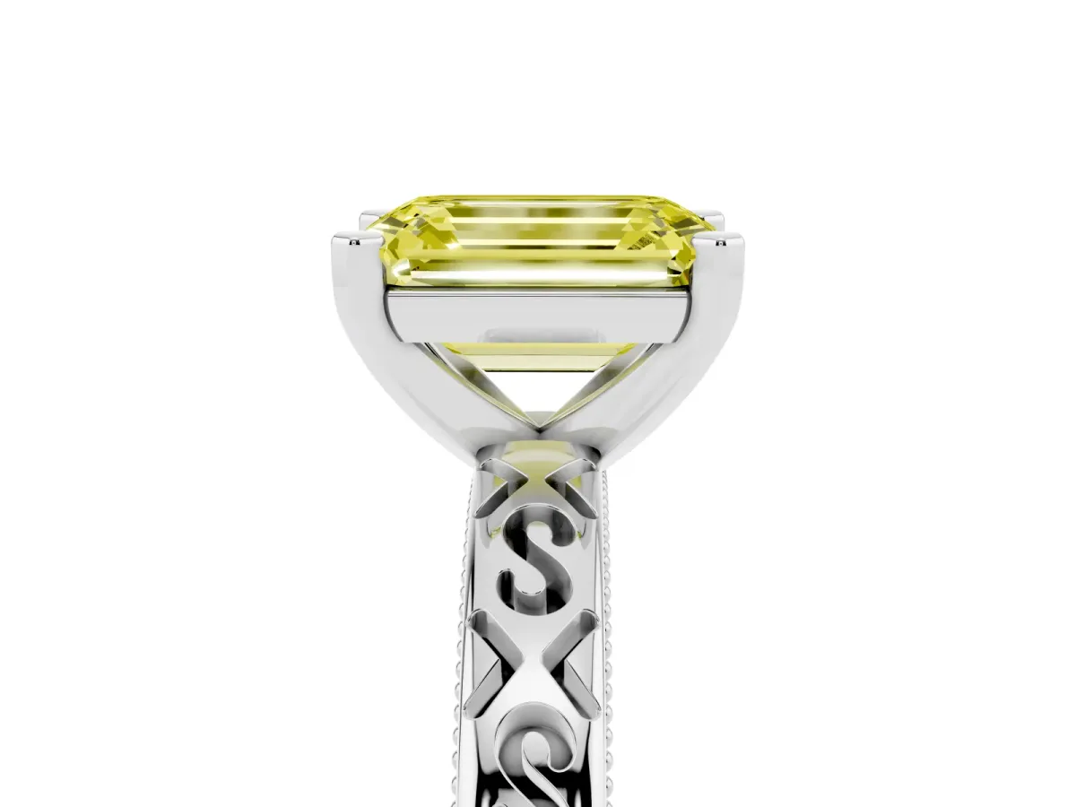 Fancy Yellow Emerald Cut Solitaire Engagement Ring with Scrollwork Band and Four-Prong Setting Silver