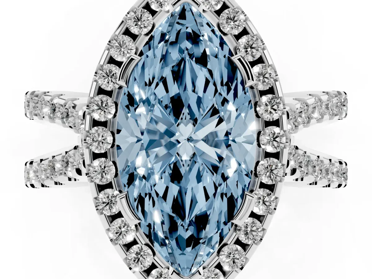 Fancy Blue Marquise Cut Diamond Halo Ring with Split Shank Pavé Band and Prong Setting Silver