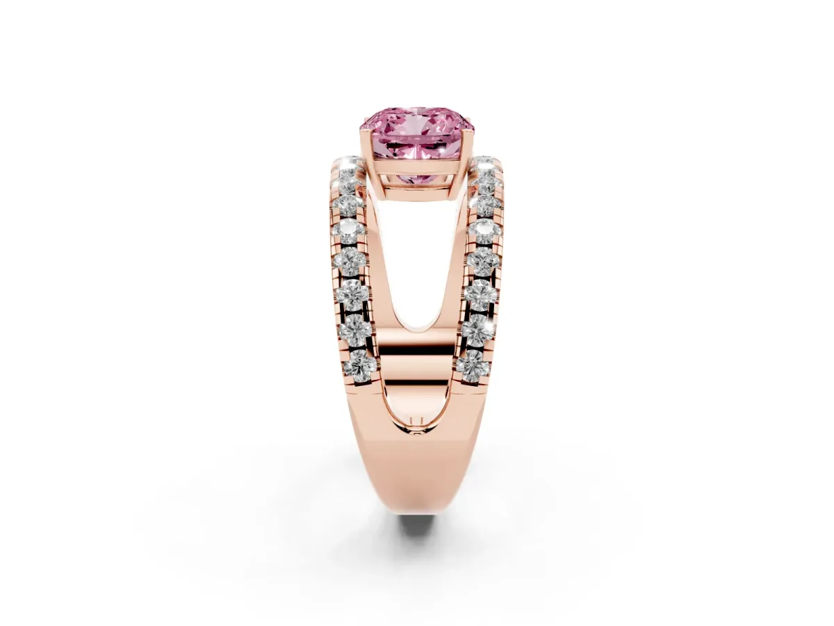Fancy Pink Cushion Cut Solitaire Split Shank Pave Diamond Ring Rose gold