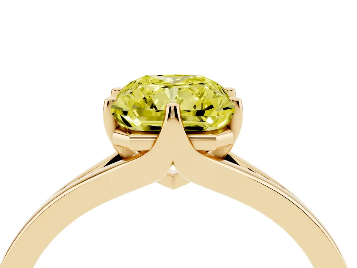 Fancy Yellow Radiant Cut Solitaire Diamond Ring with Six-Prong Setting and Tapered Band Yellow gold