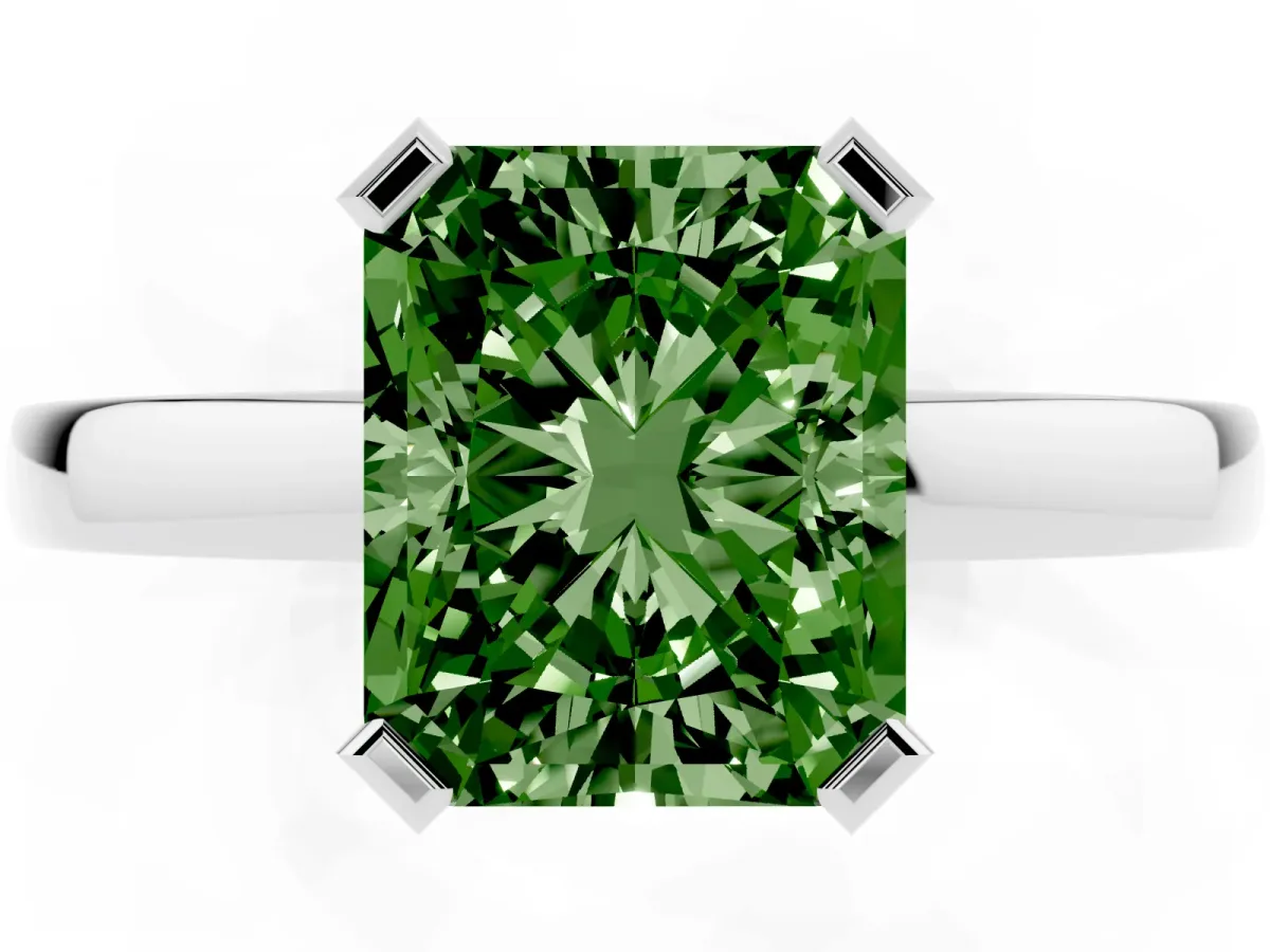 Fancy Green Radiant Cut Cut Solitaire Ring with Four-Prong Setting and Classic Band Silver