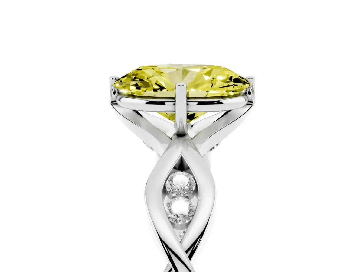 Fancy Yellow Oval Cut Solitaire Twist Band with Leaf Prong Setting White gold