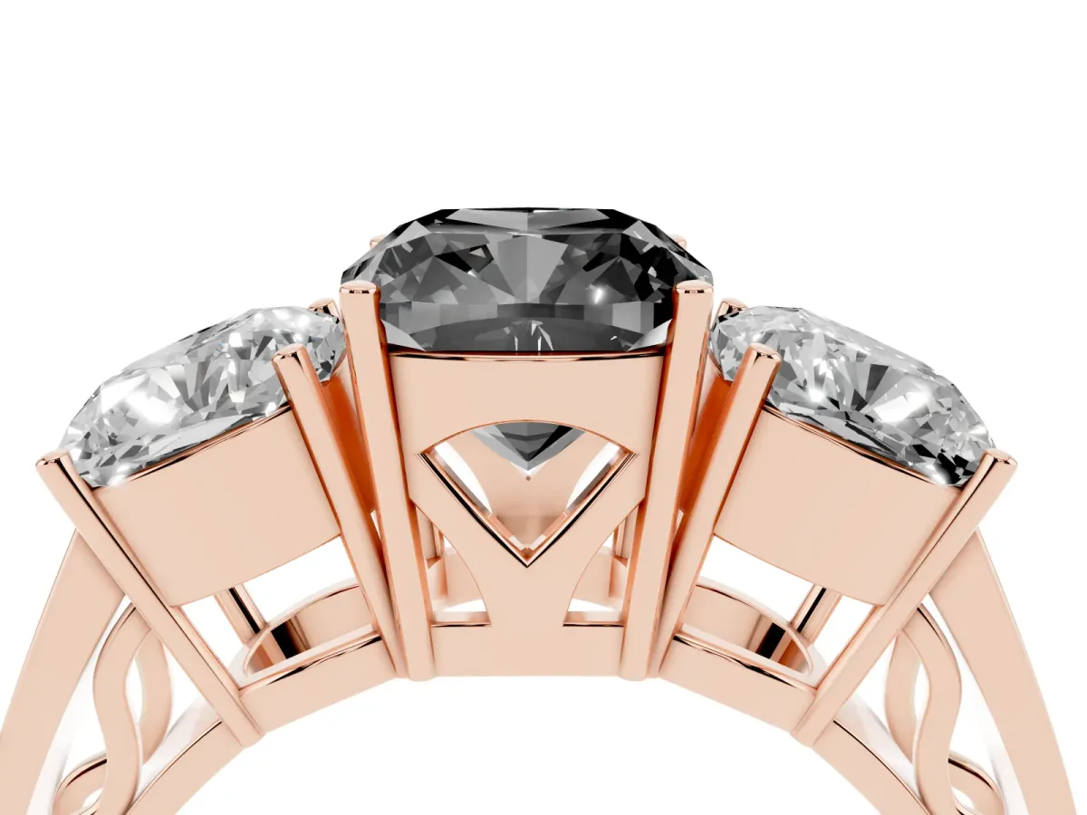 Fancy Black Cushion Cut Diamond Three-Stone Ring with Prong Setting and Textured Band Rose gold
