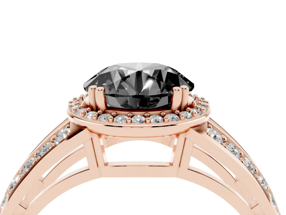 Fancy Black Round Cut Diamond Halo Ring with Split Shank Pavé Band and Four-Prong Setting Rose gold