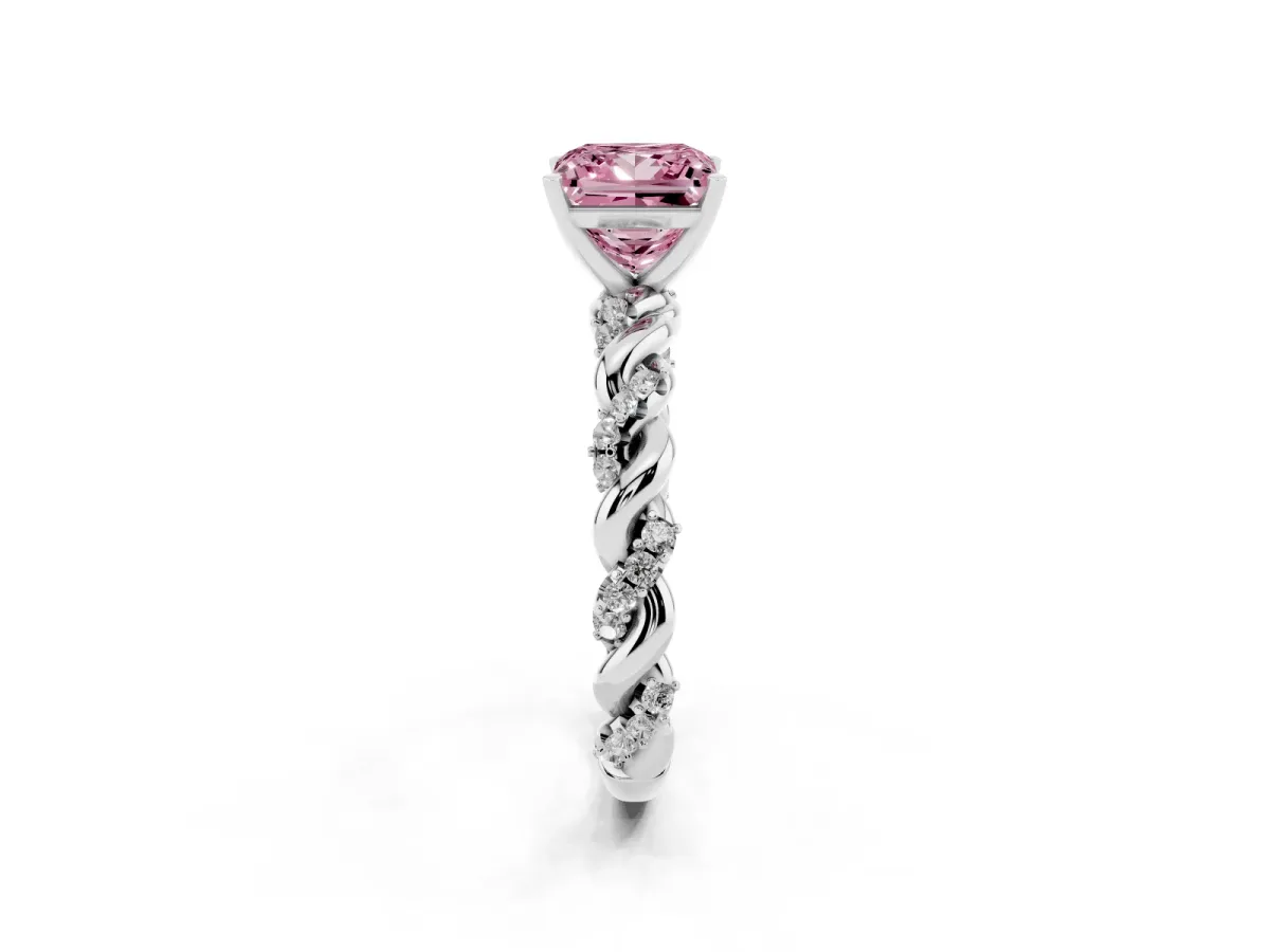 Fancy Pink Princess Cut Diamond Solitaire Ring with Twisted Band and Pavé Accents Silver
