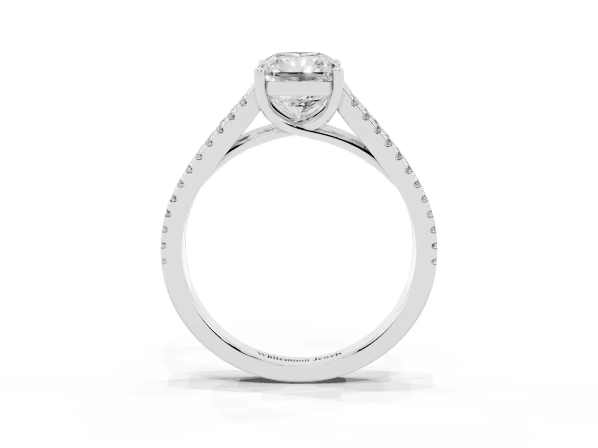 Radiant Cut Diamond Solitaire Engagement Ring with Split Shank Pavé Band Silver