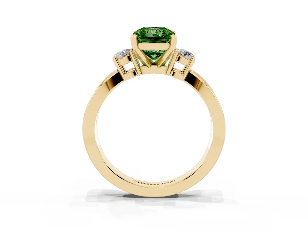 Fancy Green Three-Stone Radiant Cut Cut Diamond Twist Band with Prong Setting Yellow gold
