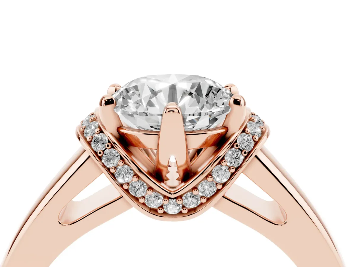 Round Cut Solitaire Diamond Ring with Pave Band and Six-Prong Setting Rose gold