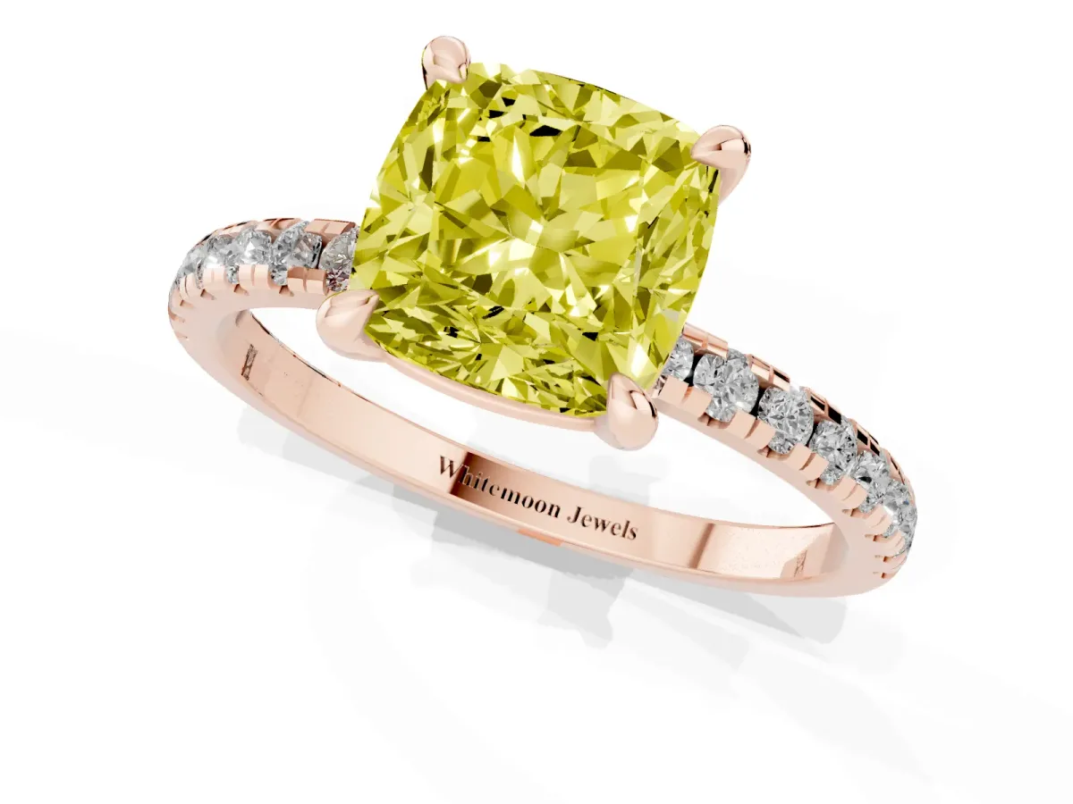 Fancy Yellow Cushion Cut Diamond Brilliant Solitaire Ring with Pavé Band and Four-Prong Setting Rose gold