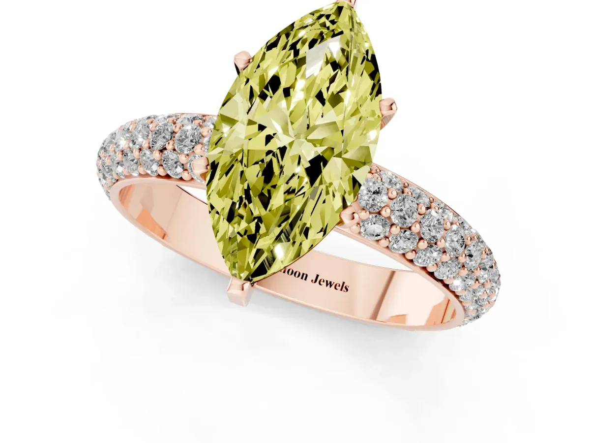 Fancy Yellow Marquise Cut Diamond Solitaire Ring with Prong Setting and Pavé Band Rose gold