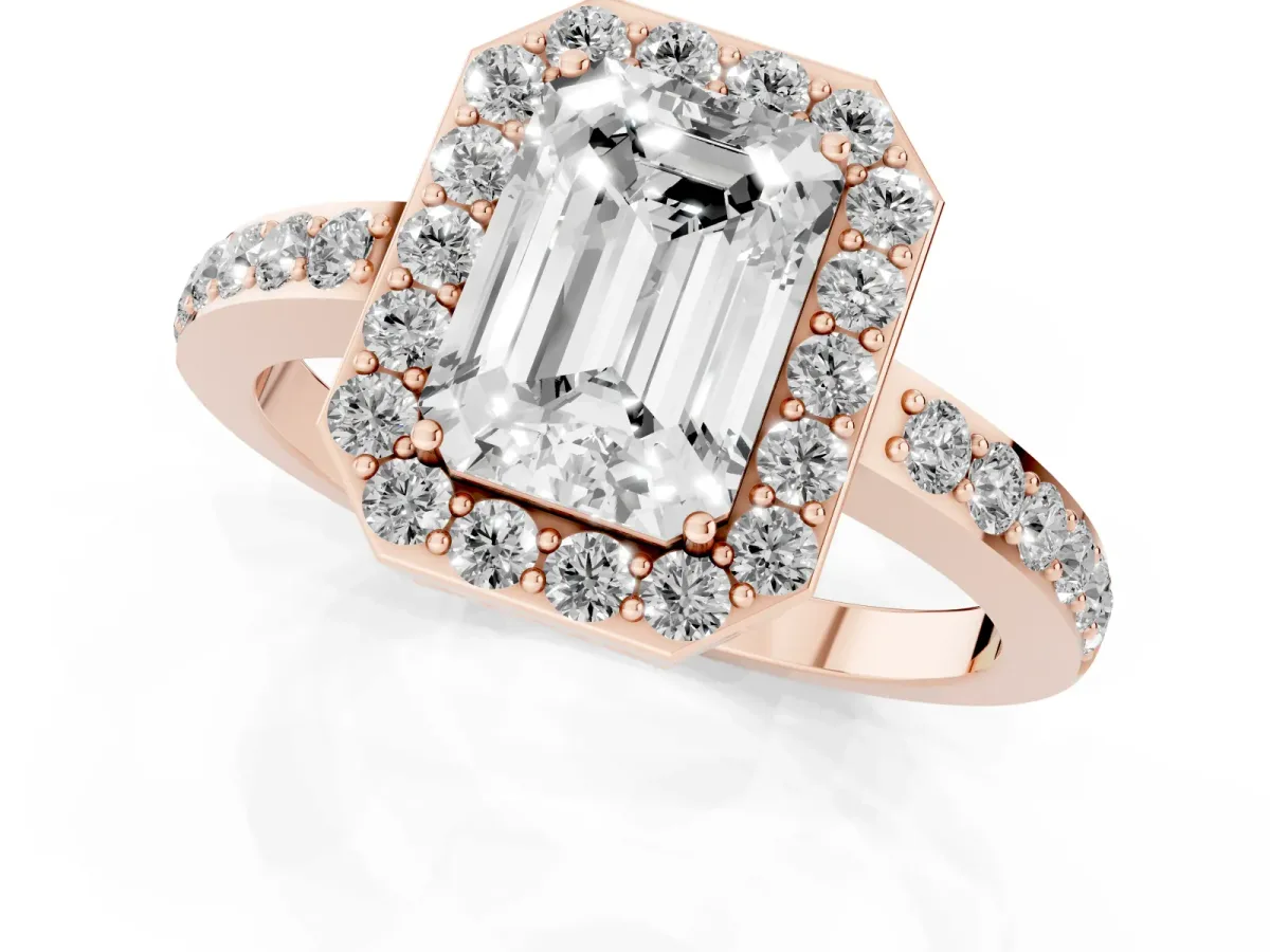 Emerald Cut Halo Diamond Pavé Band Ring with Prong Setting Rose gold