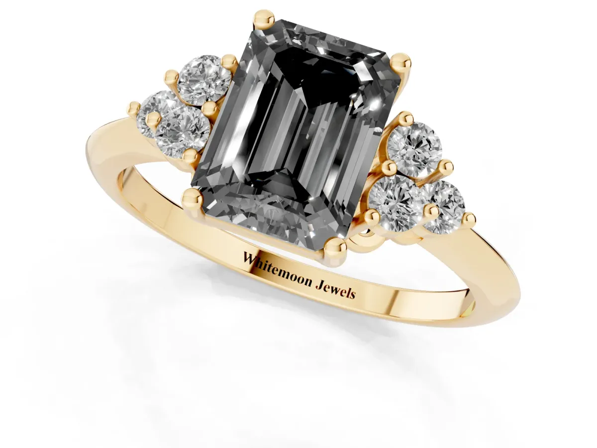 Fancy Black Emerald Cut Cut Diamond Cluster Ring with Solitaire Band and Four-Prong Setting Yellow gold