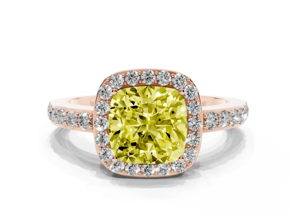 Fancy Yellow Cushion Cut Halo Diamond Pavé Band Ring with Prong Setting Rose gold