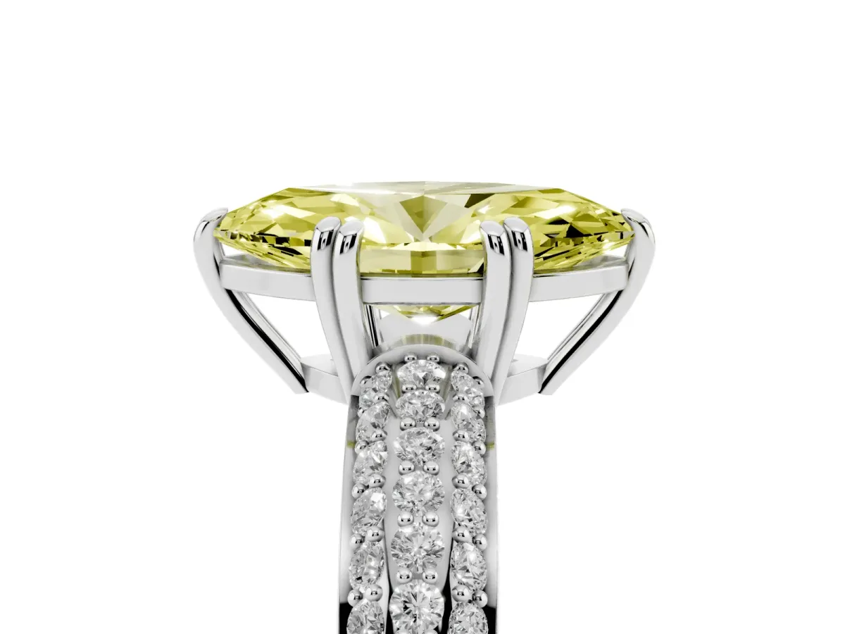Fancy Yellow Marquise Cut Diamond Solitaire Ring with Multi-Row Round Pavé Band and Prong Setting White gold