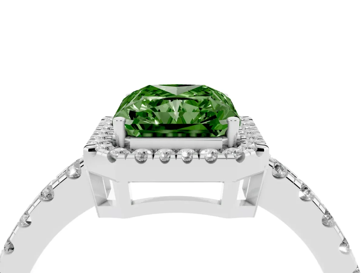 Fancy Green Radiant Cut Diamond Halo Ring with Pavé Band and Four-Prong Setting Platinum