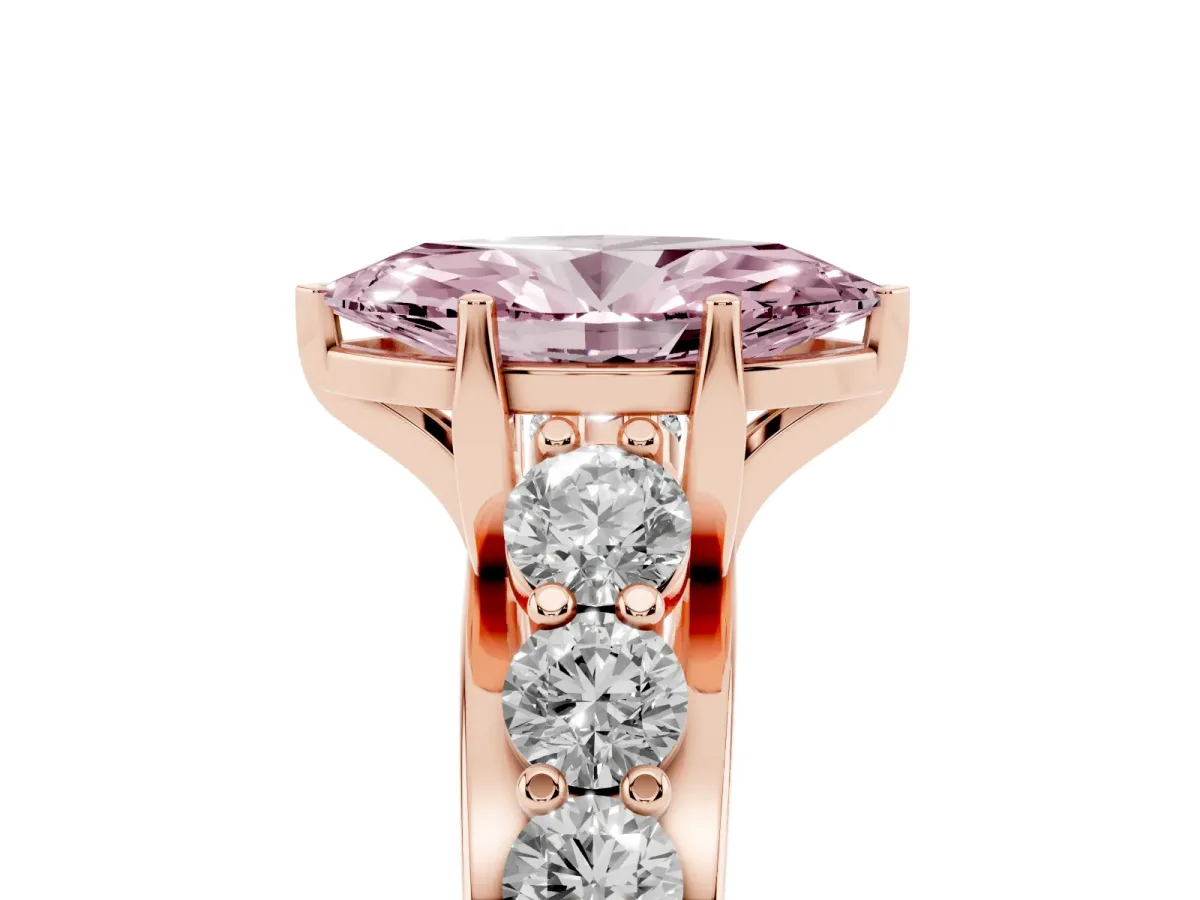 Fancy Pink Marquise Cut Diamond Engagement Ring with Pavé Band and Four-Prong Setting Rose gold