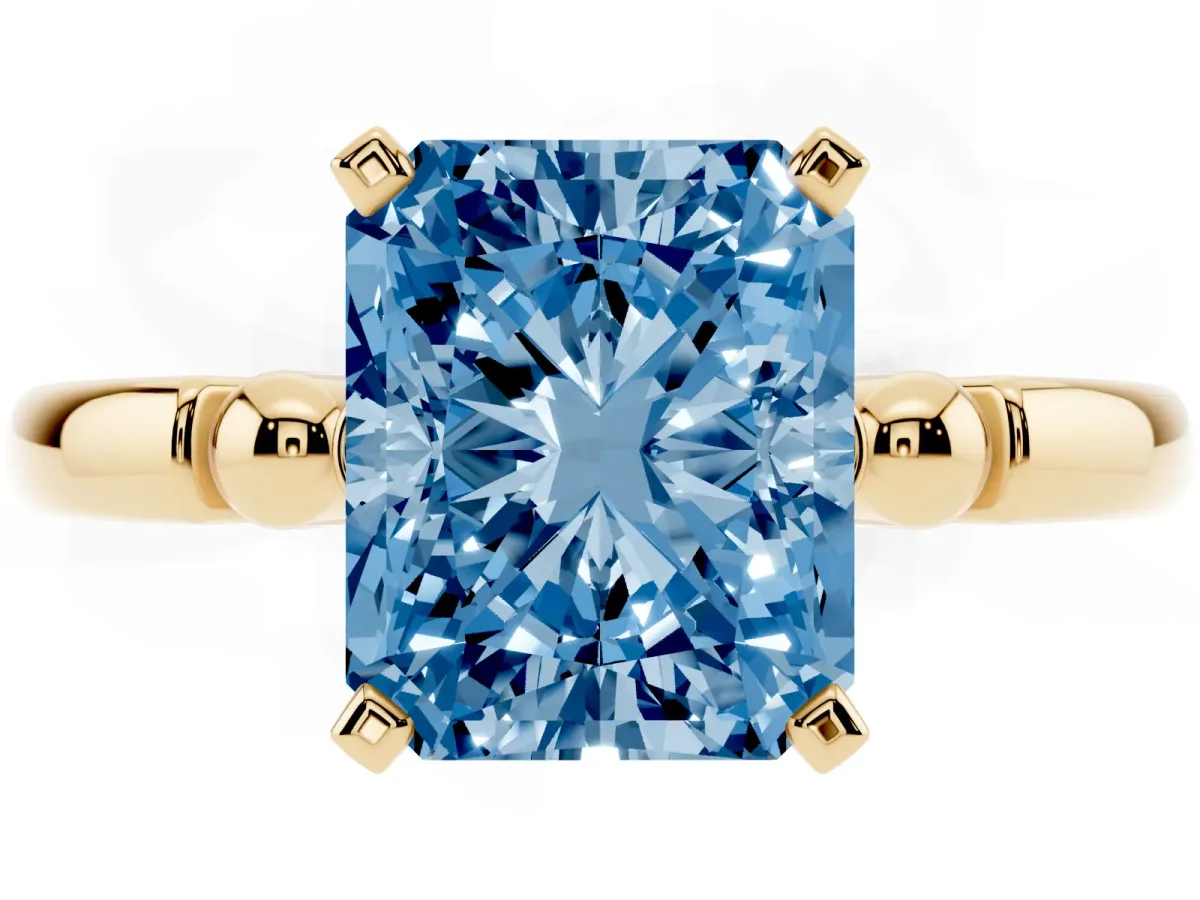 Fancy Blue Radiant Cut Solitaire Beaded Band with Four-Prong Setting Yellow gold