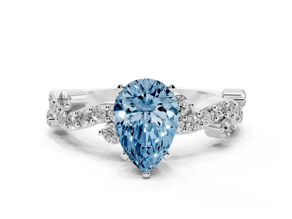 Fancy Blue Pear Cut Cut Solitaire Diamond Twisted Band with Pave Setting Silver